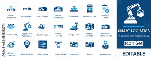 Smart logistics icon set. Containing warehouse, robotic arm, forklift, drone delivery, conveyor belt, tracking and more. Solid vector icons collection.