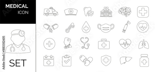 Solid vector healthcare icons collection including medicine, health services, disease, injury, diagnostic tools, prevention, and clinical reporting symbols. Hospital, patient, medicine, pharmacy.
