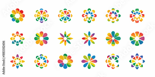 a collection of colorful flower and star shaped logos against a white background