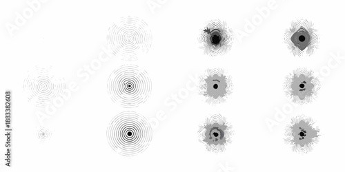 grayscale image displaying circular ripple patterns and blurred dark spots arranged in a row
