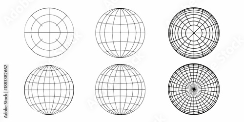 six different wireframe globe projections displayed in a simple black and white design