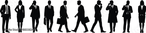 Business people silhouettes walking and standing, professional men and women with briefcases and phones, modern corporate lifestyle vector illustration collection