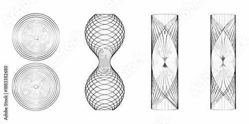 abstract line art depicting swirling geometric shapes and cylindrical forms in black and white