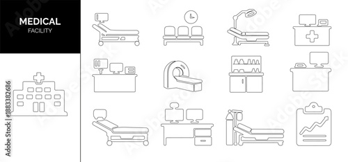 Solid vector healthcare icons collection including medicine, health services, disease, injury, diagnostic tools, prevention, and clinical reporting symbols. Hospital, patient, medicine, pharmacy.