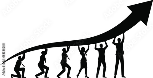 Business teamwork silhouettes lifting upward arrow, corporate success growth concept, people pushing progress together, leadership and motivation vector illustration
