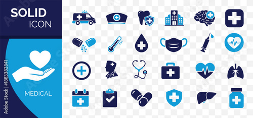 Solid vector healthcare icons collection including medicine, health services, disease, injury, diagnostic tools, prevention, and clinical reporting symbols. Hospital, patient, medicine, pharmacy.