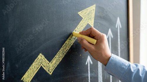 Hand Drawing Yellow Arrow on Chalkboard to Represent Business Growth