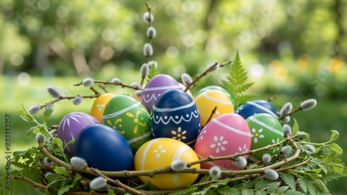 A nest of colorful hand-painted Easter eggs with pussy willow branches. Springtime holiday decoration in a natural garden setting