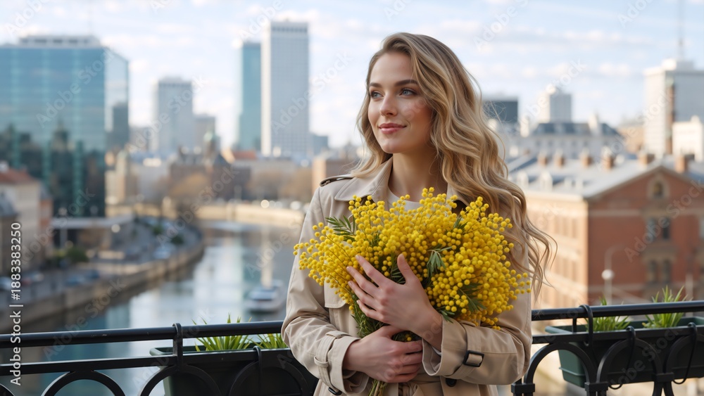 Fototapeta premium Young woman holding a bouquet of yellow mimosa flowers on a balcony. Urban cityscape with river and skyscrapers in the background. Spring celebration and International Women's Day concept