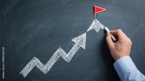 Hand Drawing Upward Trend Graph with Red Flag on Chalkboard Surface