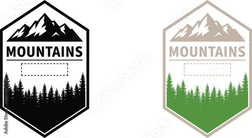 Mountain range and forest emblem with text placeholder for adventure or camping logo design
