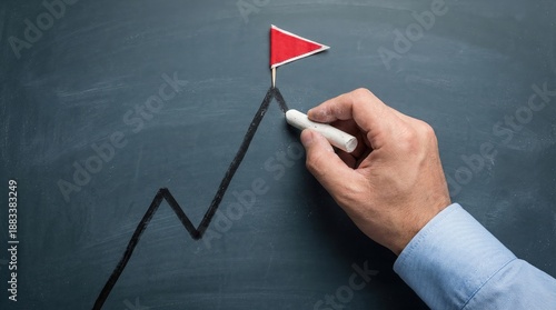 Hand Drawing Growth Chart with Red Flag on Chalkboard Background