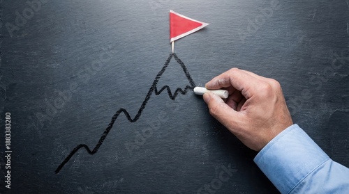 Hand Drawing Mountain with Red Flag on Chalkboard Surface for Achievement