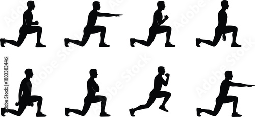 Fitness lunge exercise silhouettes set, male athlete performing workout movements, strength training poses, home gym and training vector illustration