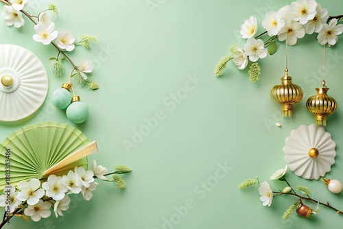 A serene arrangement of white flowers and ornaments on a mint green background