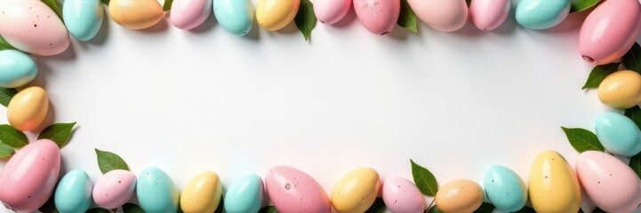Pastel colored eggs in decorative border frame, easter eggs border, pastel