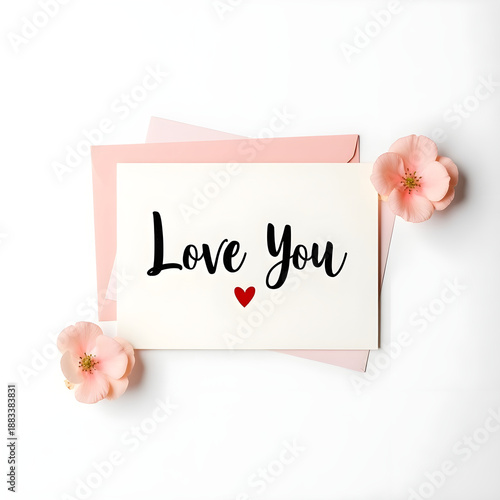 Love You Hand Lettered Greeting Card Mockup with Pink Envelope and Rose Petals on White Background for Valentine Day, Anniversary Greeting Cards Design
