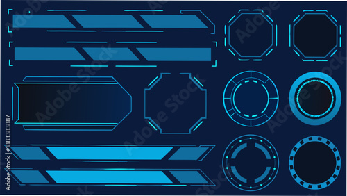 a collection of futuristic blue interface elements and design icons displayed on dark background
