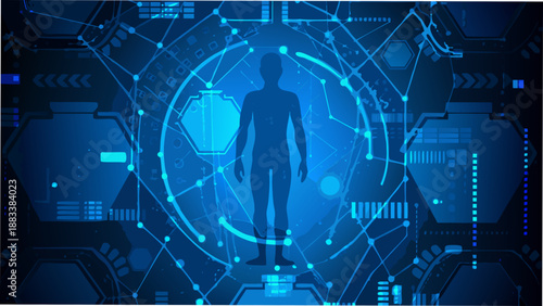 a blue futuristic digital scan of a human silhouette within a complex network grid