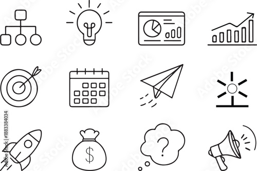 Essential line icons representing business strategy, planning, marketing, and financial success