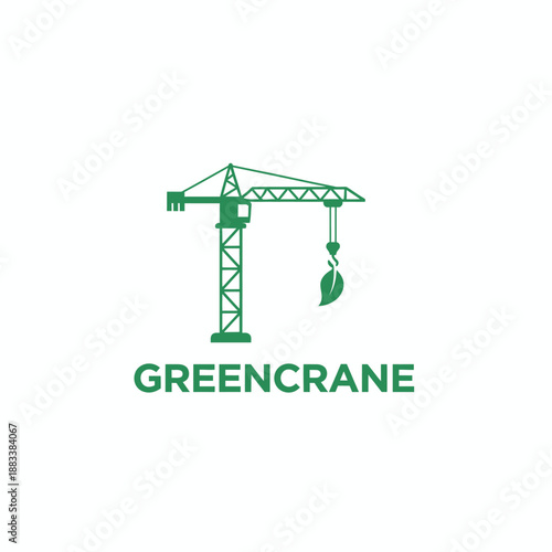Industrial tower crane lifting a green leaf icon for sustainable construction or eco friendly engineering business named GREENCRANE.