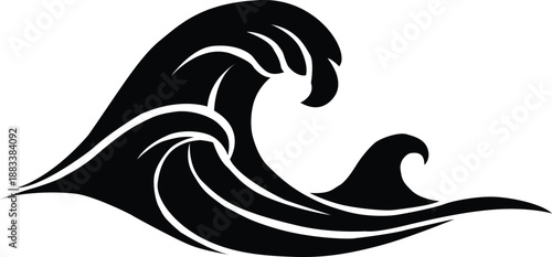 A black and white stylized illustration of a breaking ocean wave