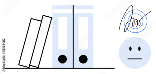 Documentation, organizational management, agreements, legal operations, record-keeping, office supplies. Files, a signature and a neutral face icon are visible. Documentation and organizational