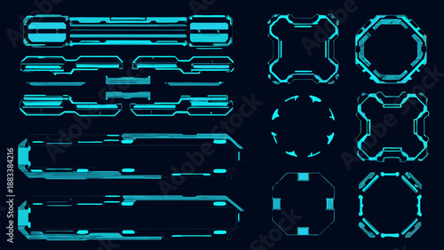a collection of futuristic turquoise glowing interface elements and abstract shapes