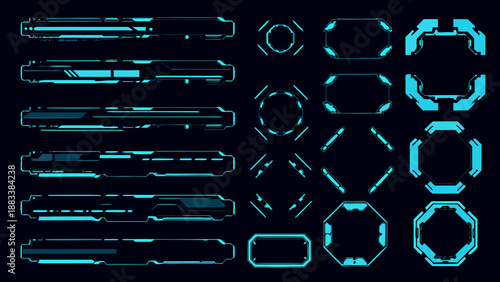 a collection of futuristic cyan tech elements and abstract geometric shapes
