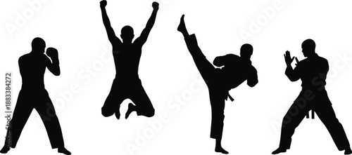 Martial arts fighter silhouettes in dynamic poses, karate and taekwondo training actions, strength, discipline, combat sport vector illustration