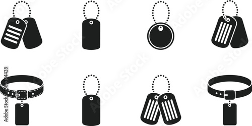 Military dog tag silhouettes set, identification necklace and collar icons, army ID badges, soldier personal tags isolated vector illustration