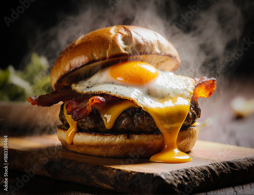 Delicious burger with egg, bacon and minced meat with smoke on a dark background