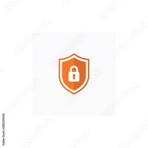 Orange shield with a lock icon symbol representing security, protection, and safety in a digital or physical context
