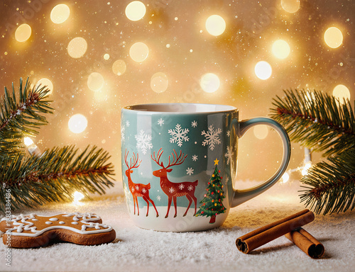 New Year's holiday background with mug, fir twigs, ginger biscuits and cinnamon