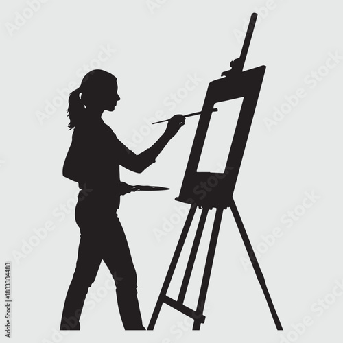 Female Artist Painting on Easel Silhouette Illustration, Woman Painter Creative Art Concept