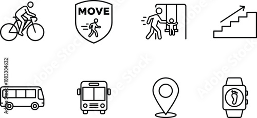 Modern transportation and fitness icon set featuring cycling, walking, stairs, bus, map pin, smartwatch for active lifestyle concepts