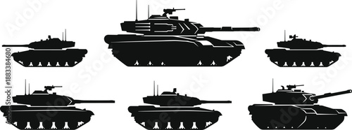 Military tank silhouettes collection, modern armored vehicles set, heavy combat machines in side view, battlefield war equipment isolated vector illustration