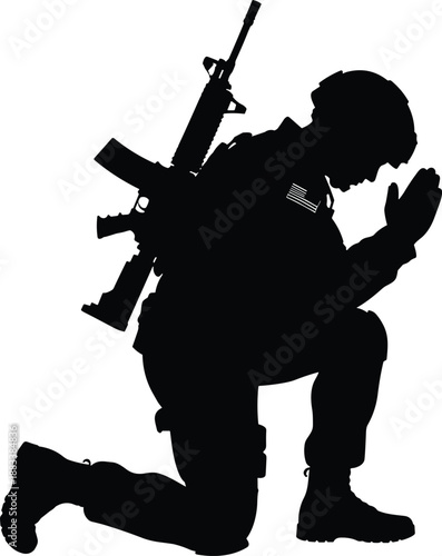 Praying soldier silhouette kneeling with rifle, military warrior in reflection pose, faith and courage concept, modern army spirituality vector illustration