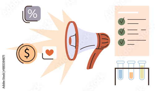 Marketing campaigns, digital analytics, online communication, financial strategy, decision-making, scientific research. A megaphone with percentage, currency and science-related visuals. Marketing