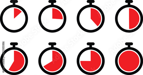 Time progression visualized through stopwatch icons showing increasing red segments isolated on transparent background