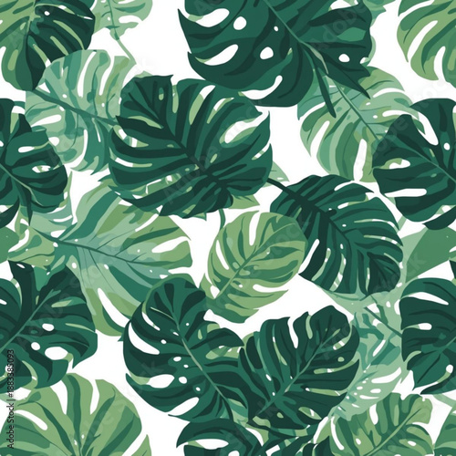 Seamless pattern of vibrant green monstera deliciosa leaves on a white background, tropical foliage, jungle plant, botanical illustration