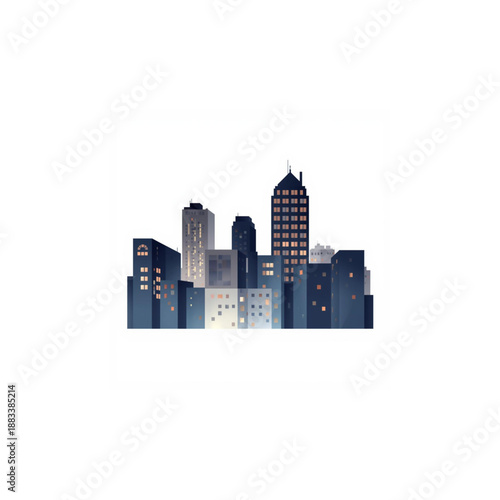 Modern flat design vector illustration of a vibrant urban cityscape at night with glowing windows, depicting a tranquil downtown skyline and architectural structures