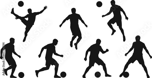 Soccer player silhouettes set, football athletes in action poses kicking, jumping and dribbling ball, dynamic sports movement vector illustration
