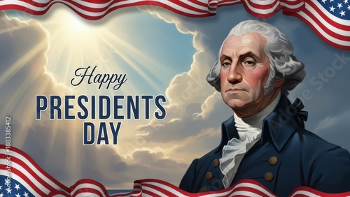 George washington portrait on a presidents day banner with american flags and sunny sky