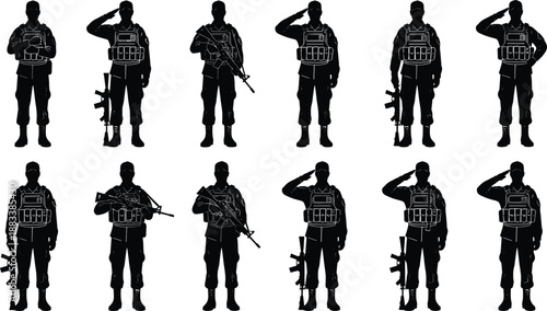 Special forces soldier silhouettes set, armed military operators in standing and salute poses, tactical uniform warriors, modern army vector illustration