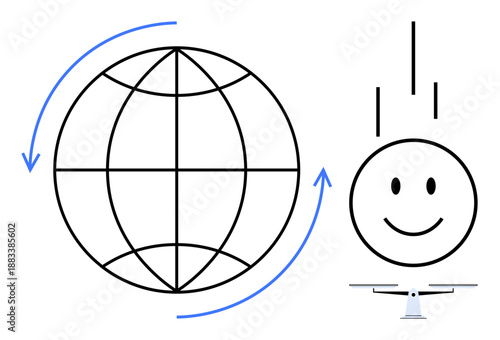 Global connection concept. A globe signifies worldwide communication and connectivity. The happy face, arrows, and balance elements harmony in global interactions. Business, education, technology