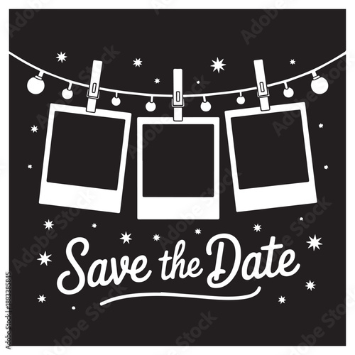 Black and white save date announcement with hanging polaroid frames string lights and sparkling stars invitation for wedding celebration or anniversary party event