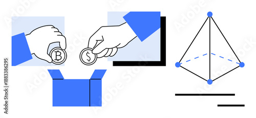 Cryptocurrency, blockchain technology, digital transactions, financial systems, decentralized networks, investment. Hands holding coins with box, geometric blockchain diagram. Cryptocurrency