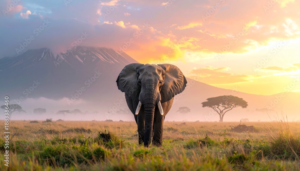 Obraz premium Majestic Elephant Standing Proudly in the African Savannah at Sunrise with Mount Kilimanjaro in the Background