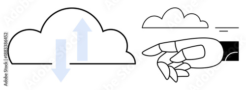 Cloud computing concept. Cloud computing with data transfer arrows and robotic technology ed by a robotic hand. Cloud computing for AI, data storage, automation, and IT systems